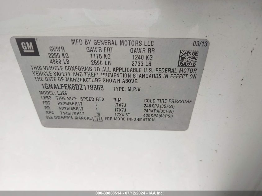 2013 Chevrolet Equinox Ltz VIN: 1GNALFEK8DZ118363 Lot: 39858514