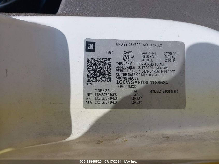 2020 Chevrolet Express Cargo Rwd 2500 Regular Wheelbase Wt VIN: 1GCWGAFG8L1188524 Lot: 39858520