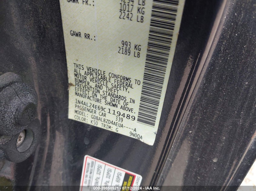 2009 Nissan Altima 2.5 S VIN: 1N4AL24E69C119489 Lot: 39858521