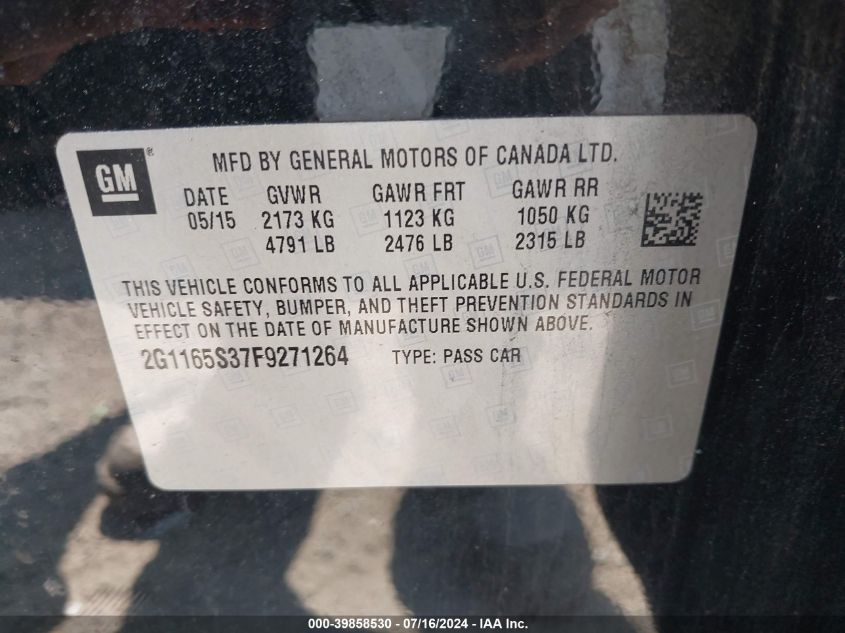 2015 Chevrolet Impala 2Lz VIN: 2G1165S37F9271264 Lot: 39858530