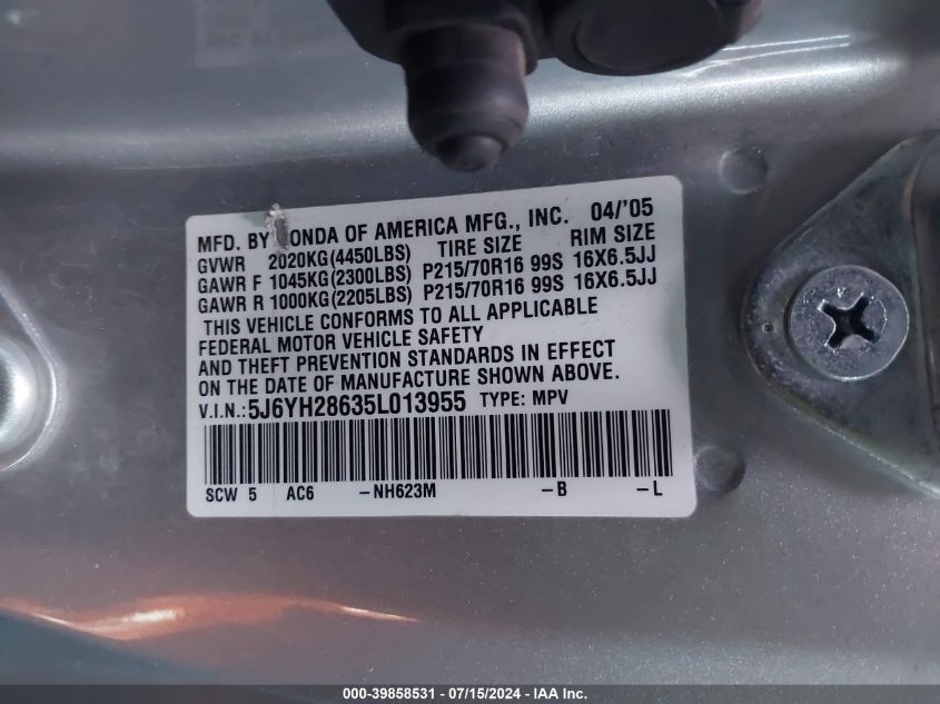 2005 Honda Element Ex VIN: 5J6YH28635L013955 Lot: 39858531
