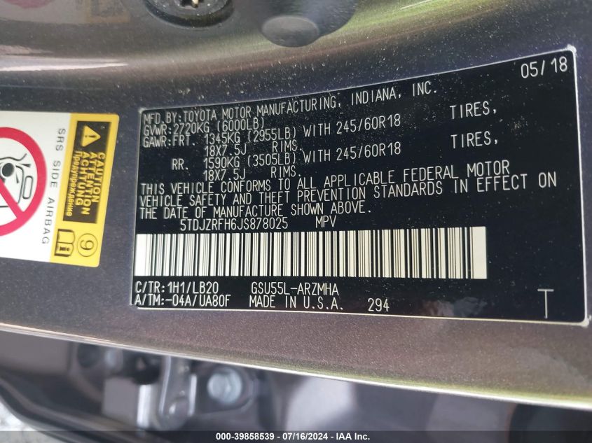 2018 Toyota Highlander Se/Xle VIN: 5TDJZRFH6JS878025 Lot: 39858539