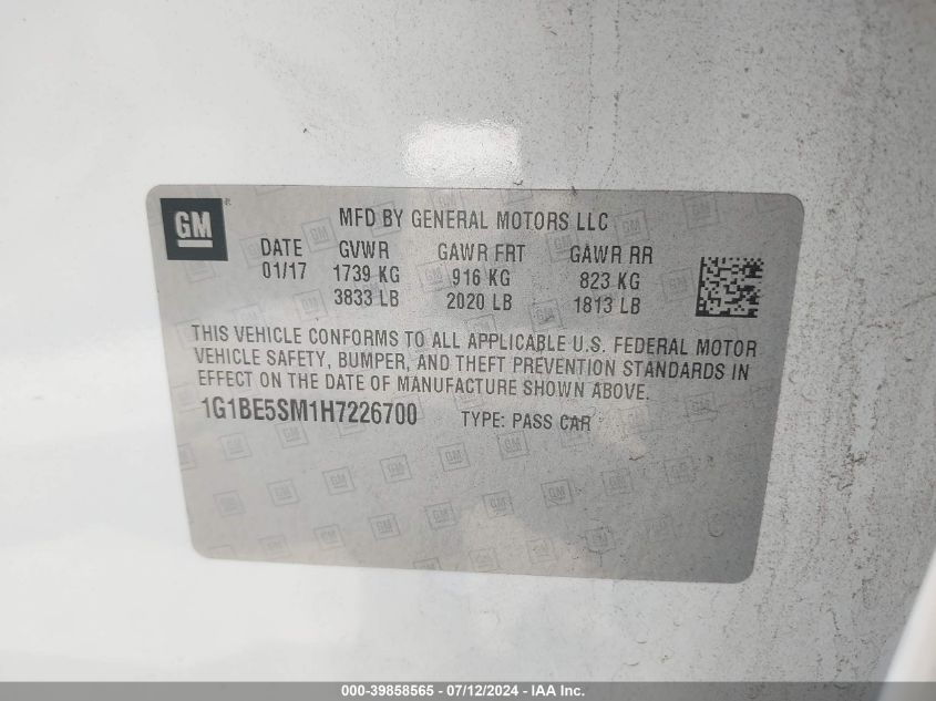 2017 Chevrolet Cruze Lt VIN: 1G1BE5SM1H7226700 Lot: 39858565