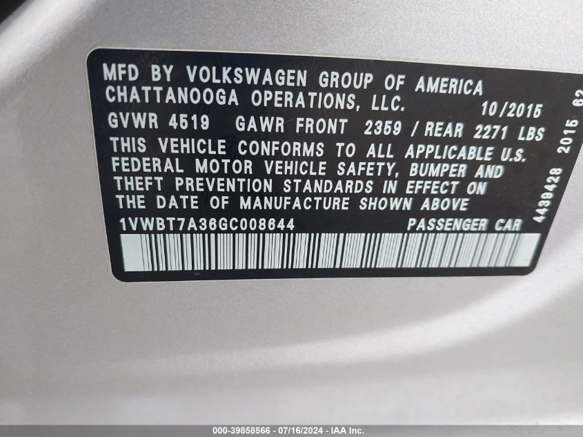 2016 Volkswagen Passat 1.8T Se VIN: 1VWBT7A36GC008644 Lot: 39858566