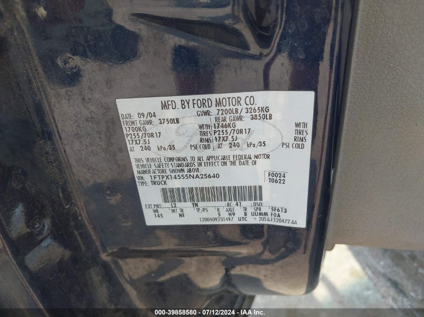 2005 Ford F-150 Fx4/Lariat/Xl/Xlt VIN: 1FTPX14555NA25640 Lot: 39858580