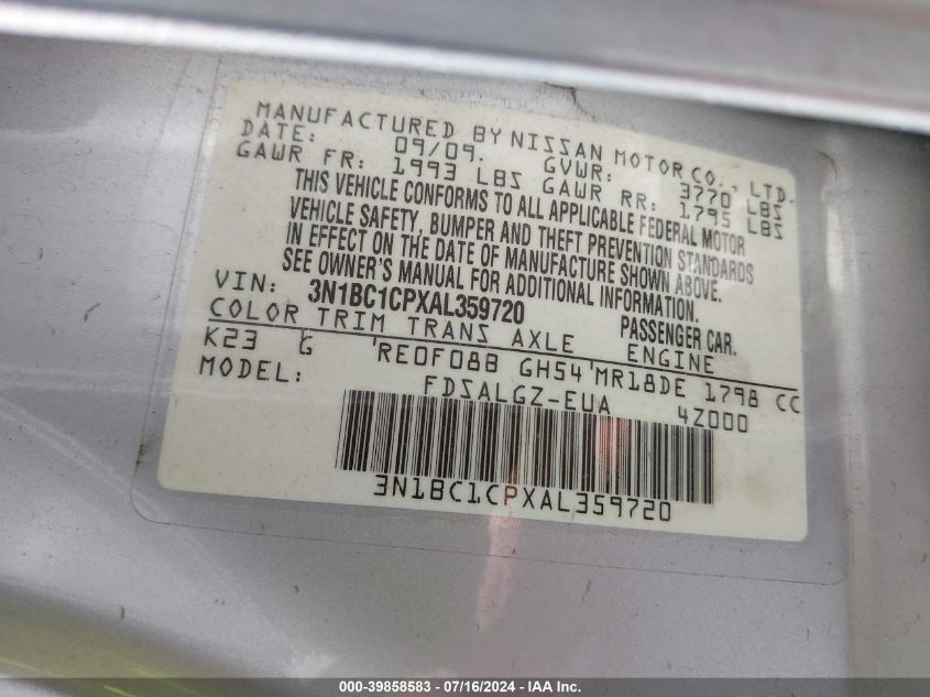 2010 Nissan Versa 1.8Sl VIN: 3N1BC1CPXAL359720 Lot: 39858583