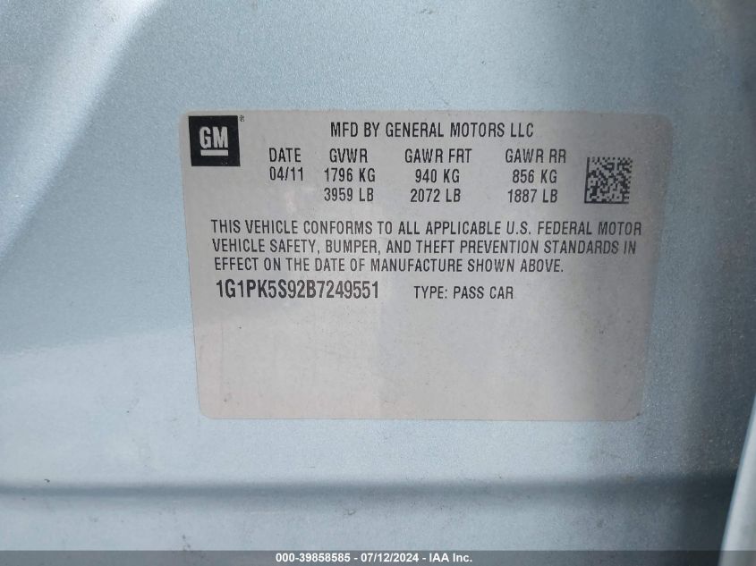 2011 Chevrolet Cruze Eco VIN: 1G1PK5S92B7249551 Lot: 39858585