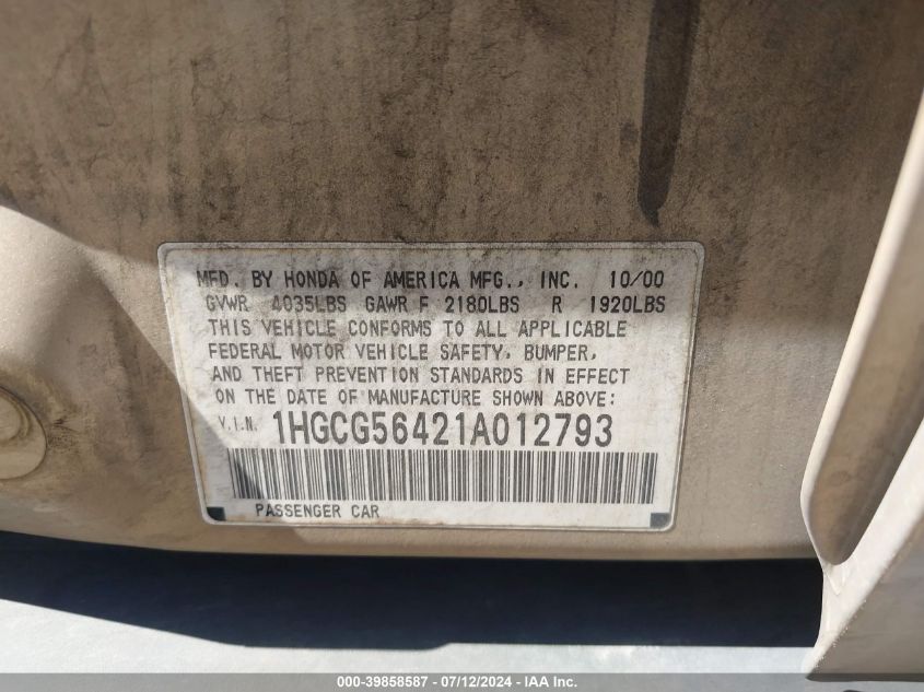 2001 Honda Accord 2.3 Lx VIN: 1HGCG56421A012793 Lot: 39858587