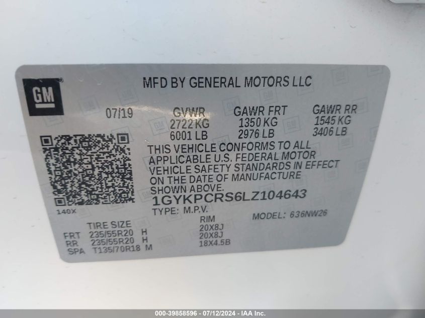 1GYKPCRS7LV104643 2020 Cadillac Xt6 Premium Luxury