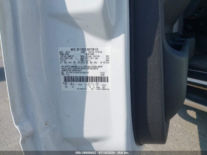 2012 Ford F-150 Xl VIN: 1FTMF1CM2CKE28133 Lot: 39858602