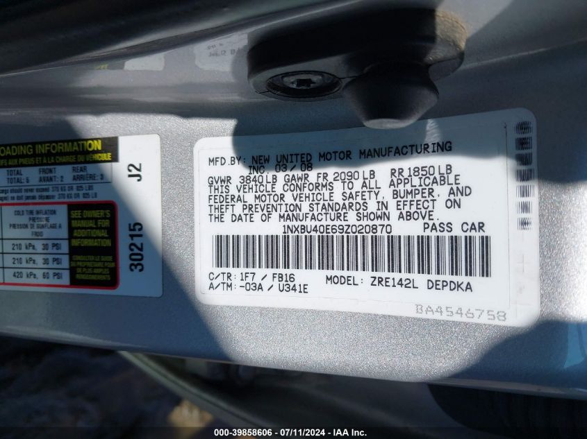 2009 Toyota Corolla Le VIN: 1NXBU40E69Z020870 Lot: 39858606