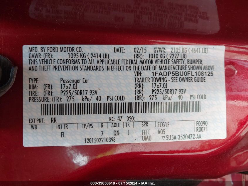 2015 Ford C-Max Hybrid Sel VIN: 1FADP5BU0FL108125 Lot: 39858610