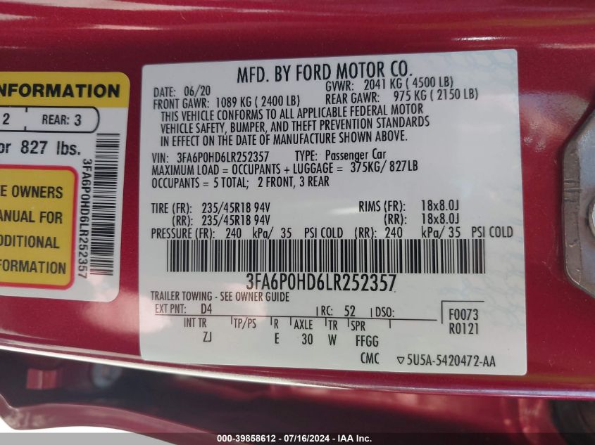2020 Ford Fusion Se VIN: 3FA6P0HD6LR252357 Lot: 39858612