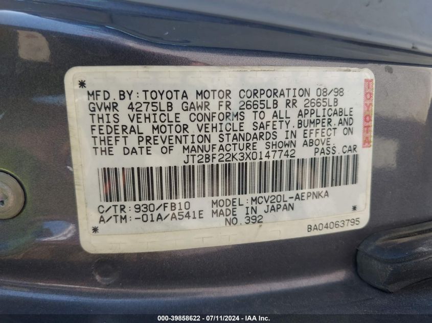 1999 Toyota Camry Le V6 VIN: JT2BF22K3X0147742 Lot: 39858622