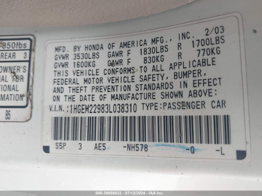 2003 Honda Civic Ex VIN: 1HGEM22983L038310 Lot: 39858632