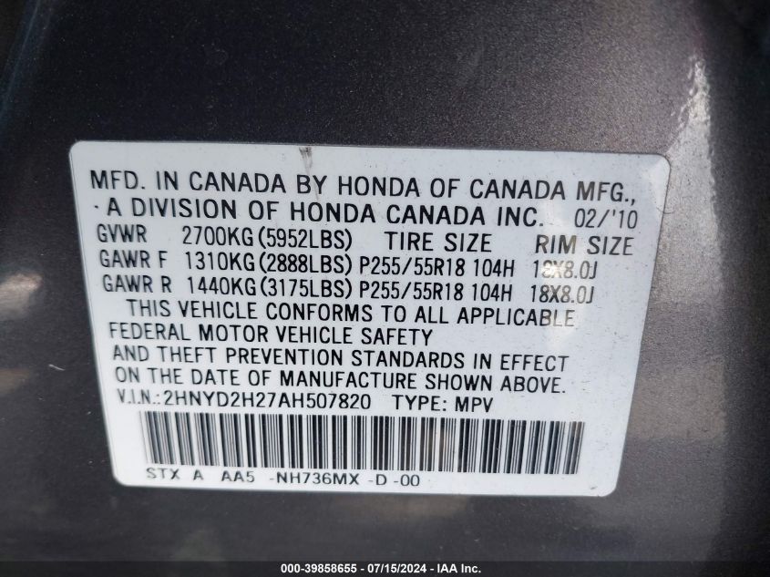 2010 Acura Mdx VIN: 2HNYD2H27AH507820 Lot: 39858655