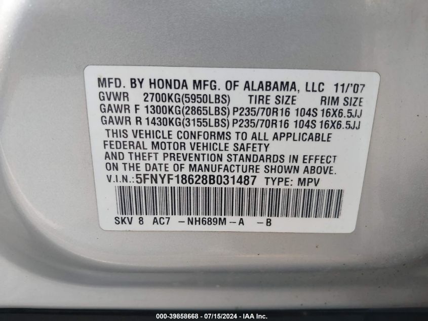 2008 Honda Pilot Ex-L VIN: 5FNYF18628B031487 Lot: 39858668