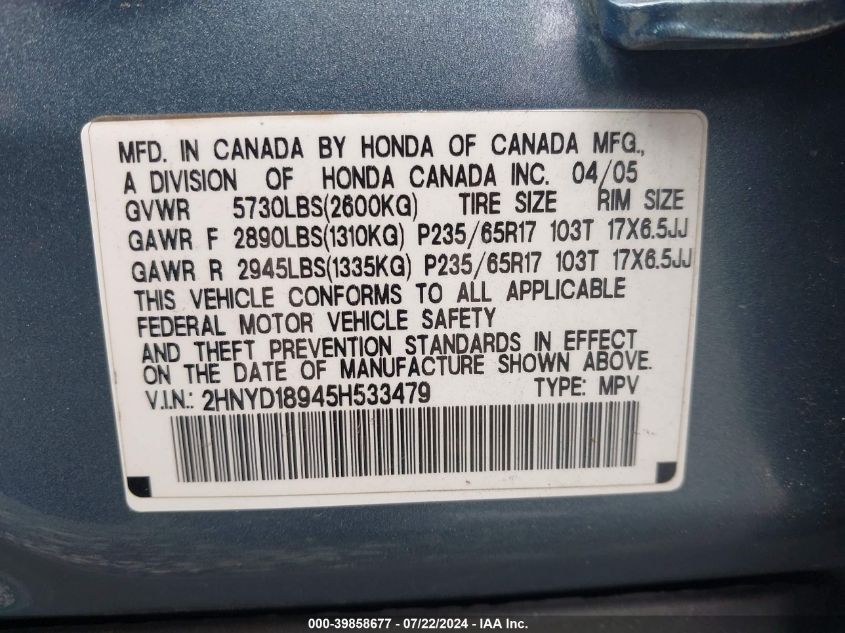 2005 Acura Mdx VIN: 2HNYD18945H533479 Lot: 39858677