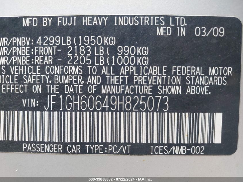 2009 Subaru Impreza 2.5I VIN: JF1GH60649H825073 Lot: 39858682