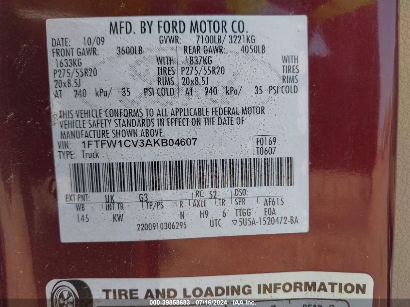 2010 Ford F-150 Fx2 Sport/Harley-Davidson/King Ranch/Lariat/Platinum/Xl/Xlt VIN: 1FTFW1CV3AKB04607 Lot: 39858683