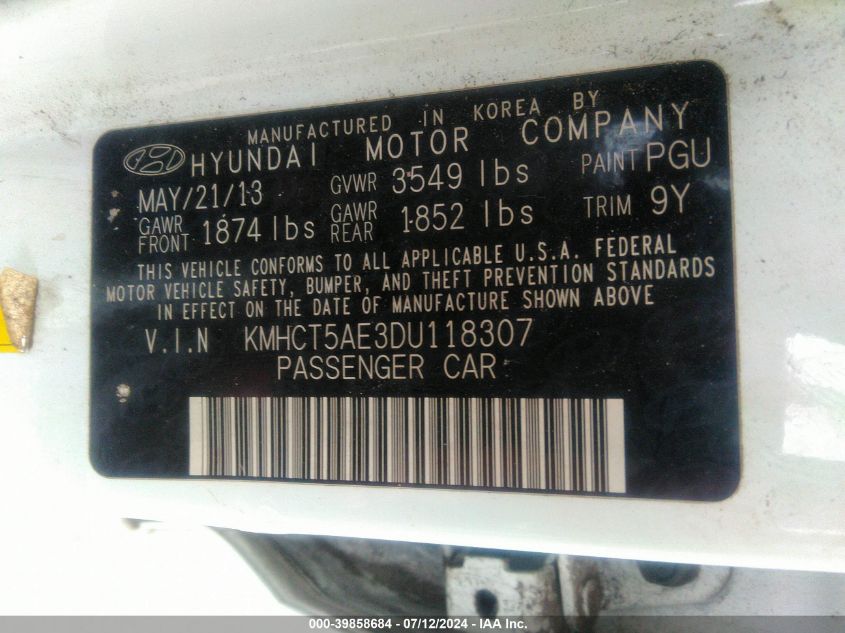 2013 Hyundai Accent Gs VIN: KMHCT5AE3DU118307 Lot: 39858684