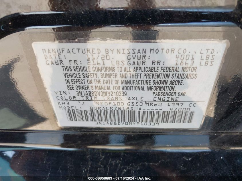 2021 Nissan Sentra Sr Xtronic Cvt VIN: 3N1AB8DV0MY210339 Lot: 39858689