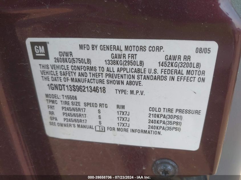 2006 Chevrolet Trailblazer Ls/Lt VIN: 1GNDT13S962134618 Lot: 39858706