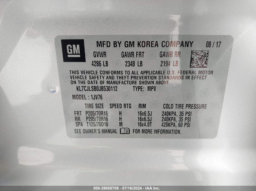 2018 Chevrolet Trax Lt VIN: KL7CJLSB0JB530112 Lot: 39858709