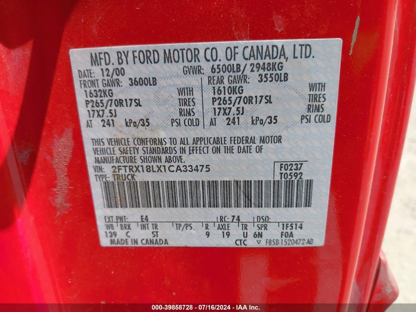 2001 Ford F-150 Lariat/Xl/Xlt VIN: 2FTRX18LX1CA33475 Lot: 39858728