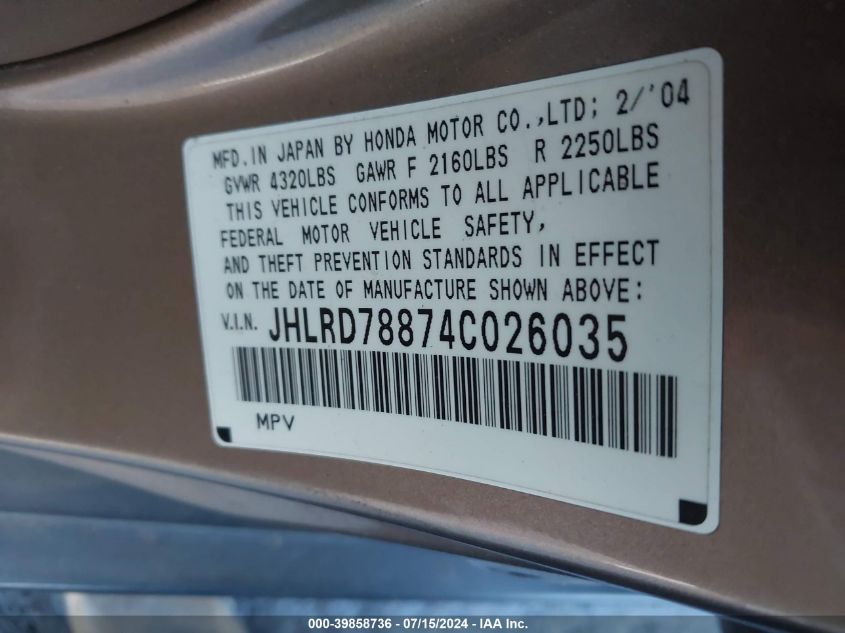 2004 Honda Cr-V Ex VIN: JHLRD78874C026035 Lot: 39858736