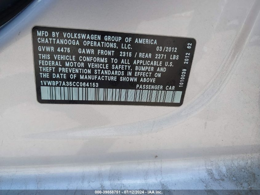 2012 Volkswagen Passat 2.5L Se VIN: 1VWBP7A35CC064153 Lot: 39858751