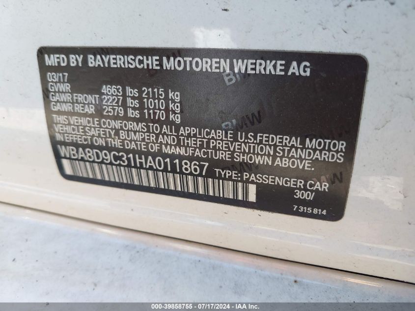 2017 BMW 330 Xi VIN: WBA8D9C31HA011867 Lot: 39858755