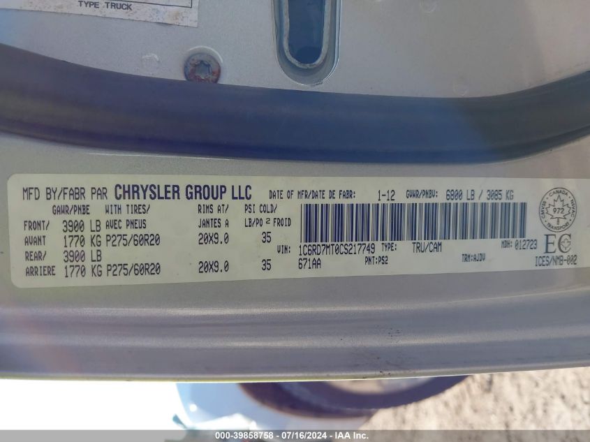 2012 Ram 1500 Sport VIN: 1C6RD7MT0CS217749 Lot: 39858758