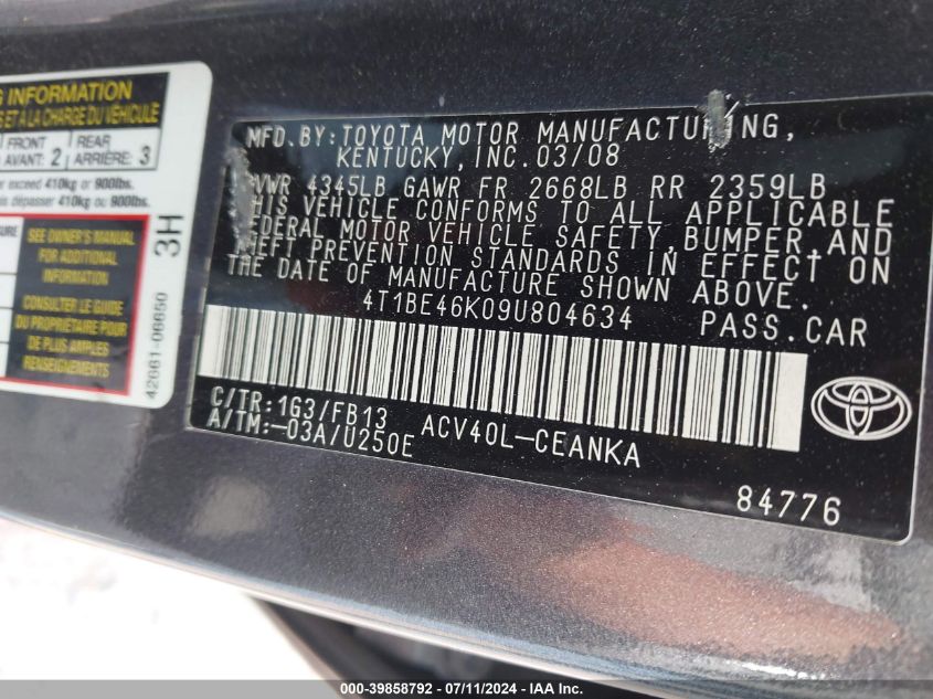 2009 Toyota Camry Le VIN: 4T1BE46K09U804634 Lot: 39858792