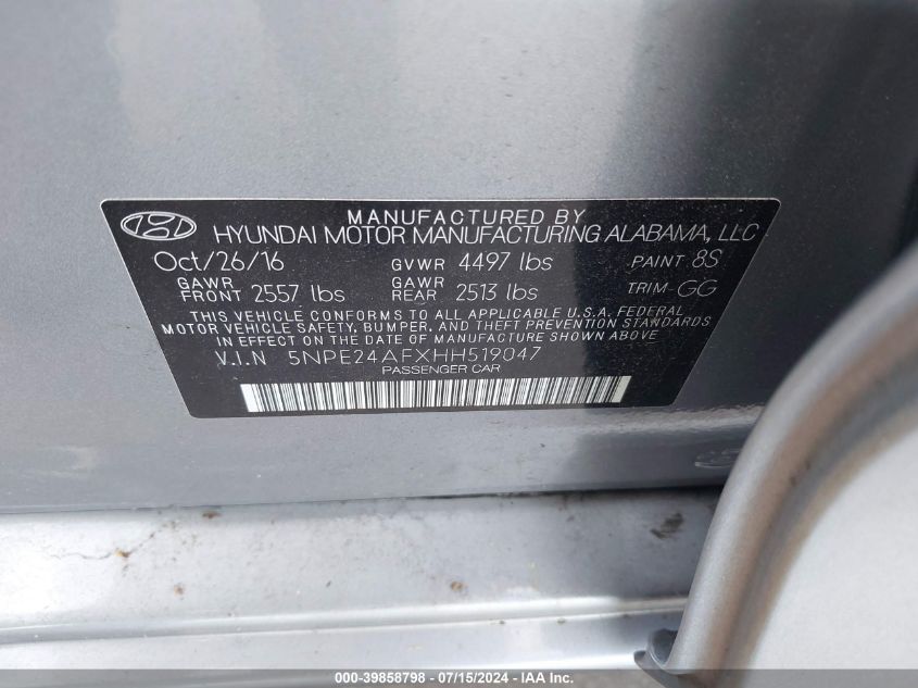 2017 Hyundai Sonata VIN: 5NPE24AFXHH519047 Lot: 39858798