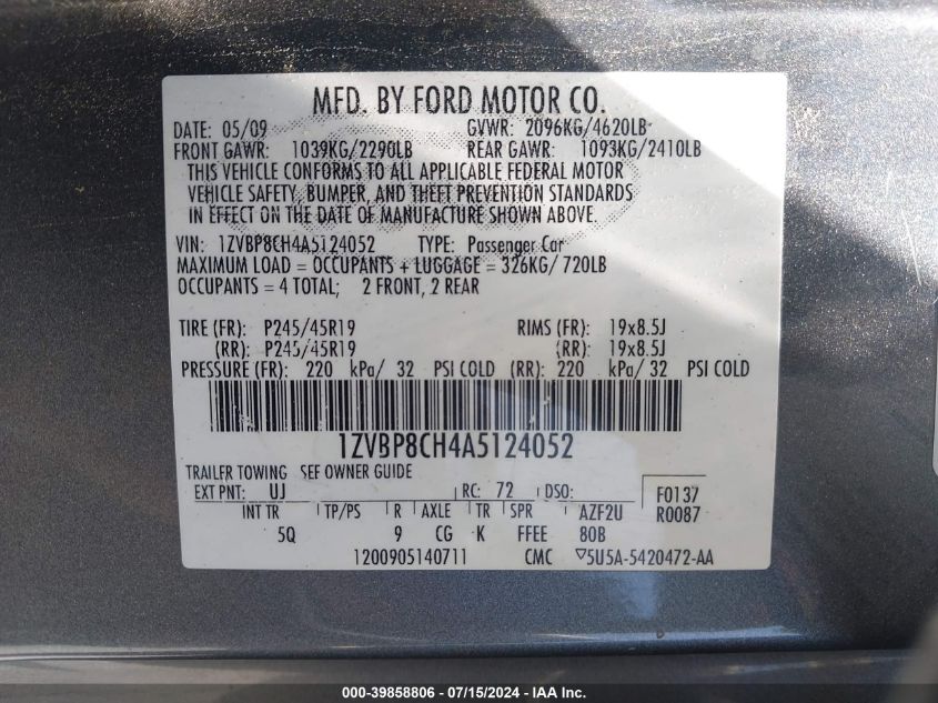 2010 Ford Mustang Gt/Gt Premium VIN: 1ZVBP8CH4A5124052 Lot: 39858806