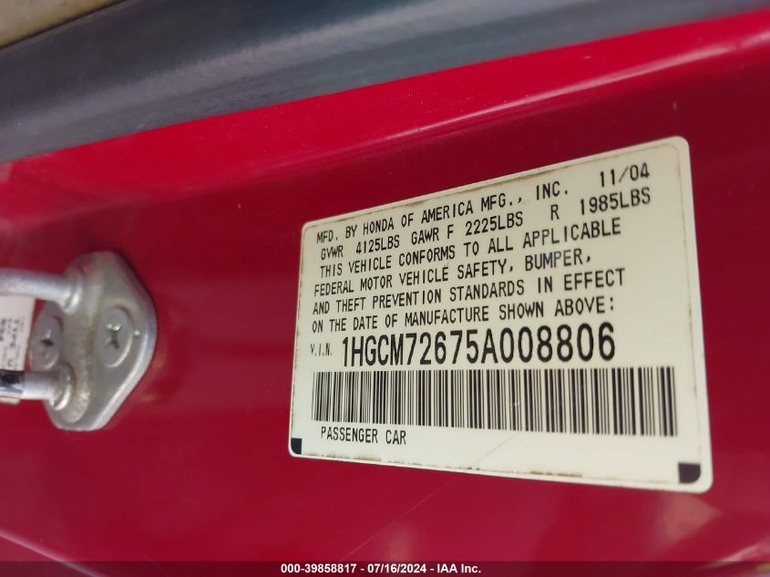 2005 Honda Accord 2.4 Ex VIN: 1HGCM72675A008806 Lot: 39858817