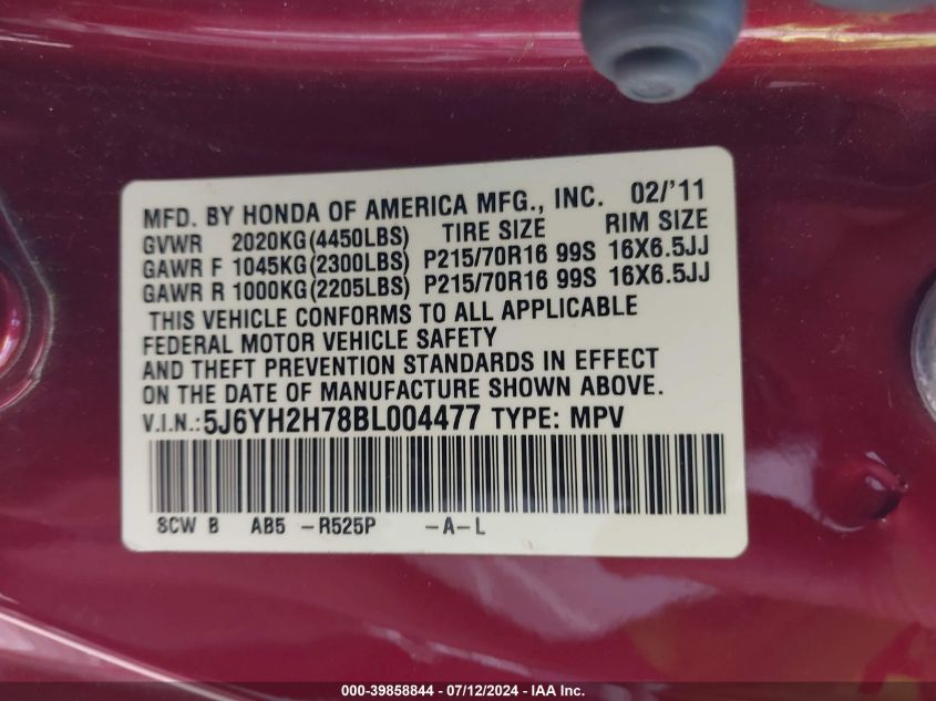 2011 Honda Element Ex VIN: 5J6YH2H78BL004477 Lot: 39858844