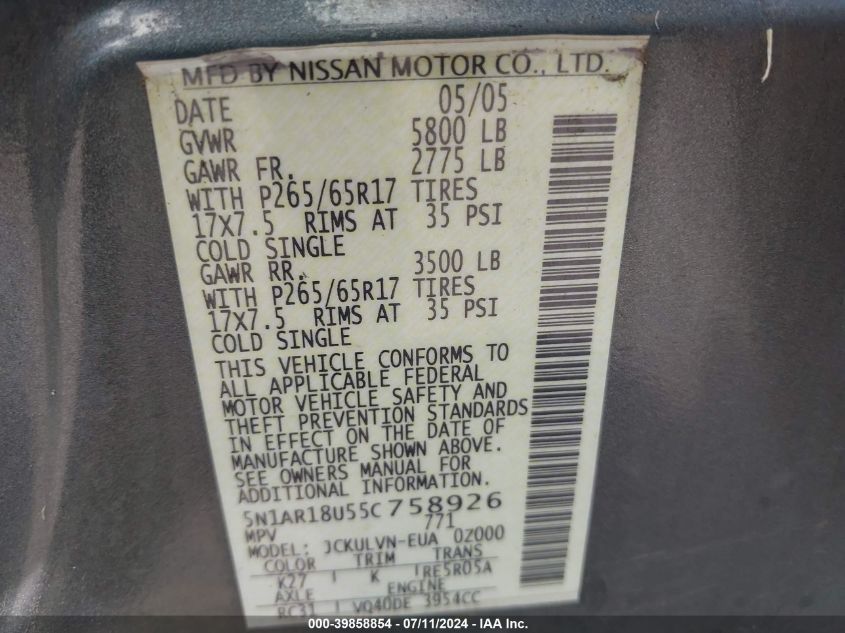 2005 Nissan Pathfinder Le VIN: 5N1AR18U55C758926 Lot: 39858854