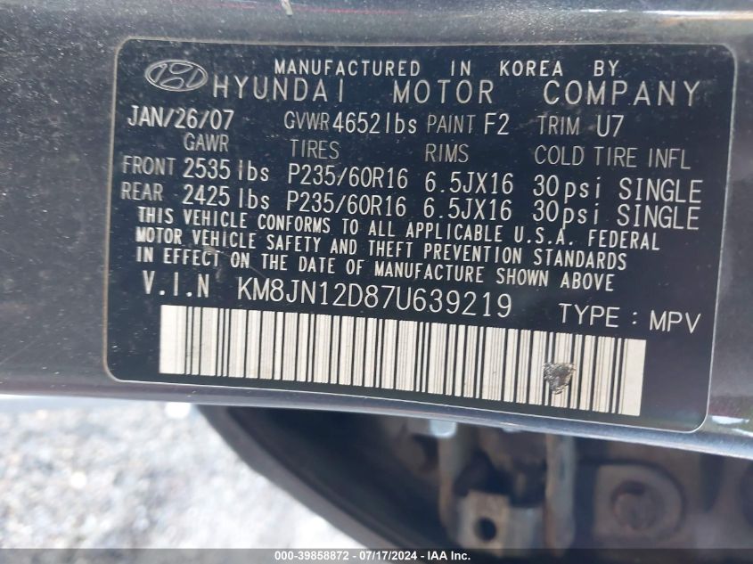 2007 Hyundai Tucson Se/Limited VIN: KM8JN12D87U639219 Lot: 39858872