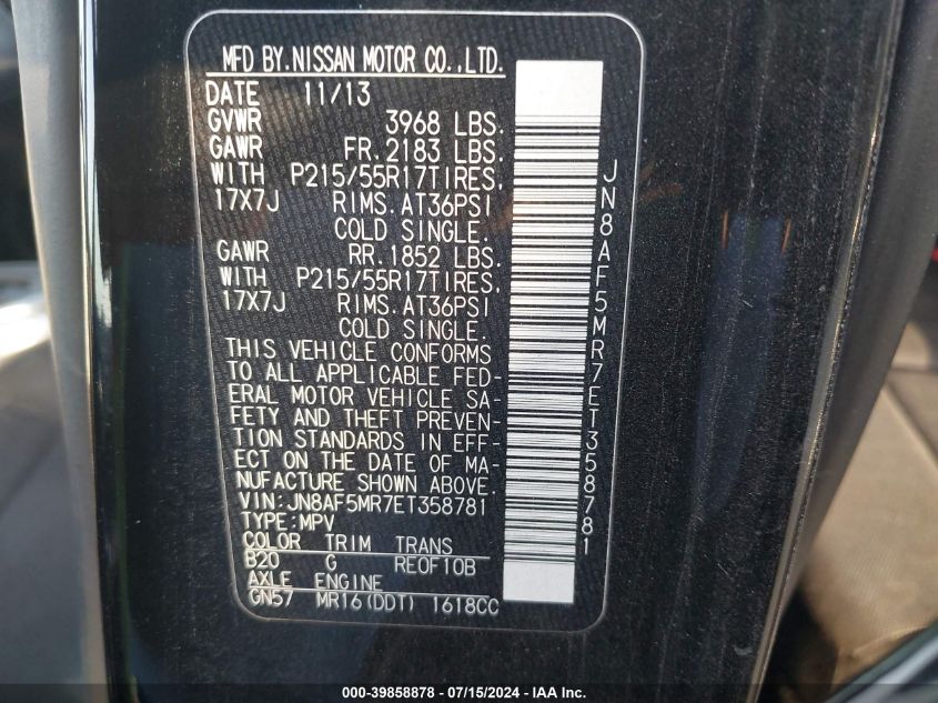 2014 Nissan Juke S/Sv/Sl/Nismo VIN: JN8AF5MR7ET358781 Lot: 39858878
