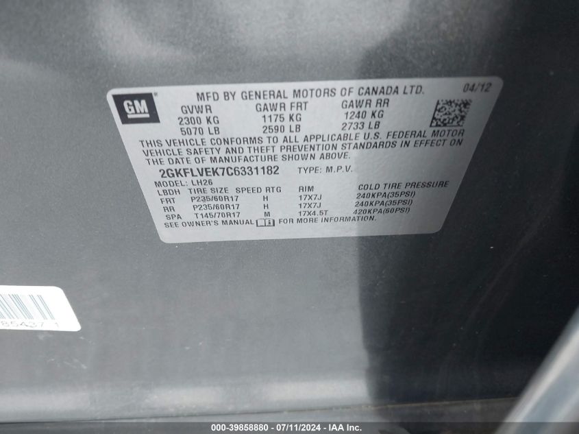 2012 GMC Terrain Slt-1 VIN: 2GKFLVEK7C6331182 Lot: 39858880