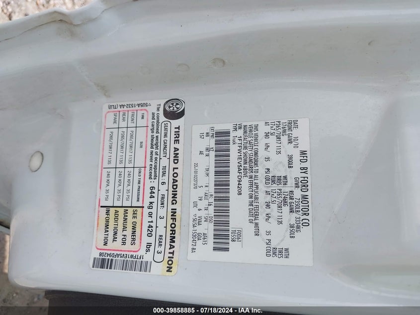 2010 Ford F-150 Fx4/Harley-Davidson/King Ranch/Lariat/Platinum/Xl/Xlt VIN: 1FTFW1EV5AFD94208 Lot: 39858885