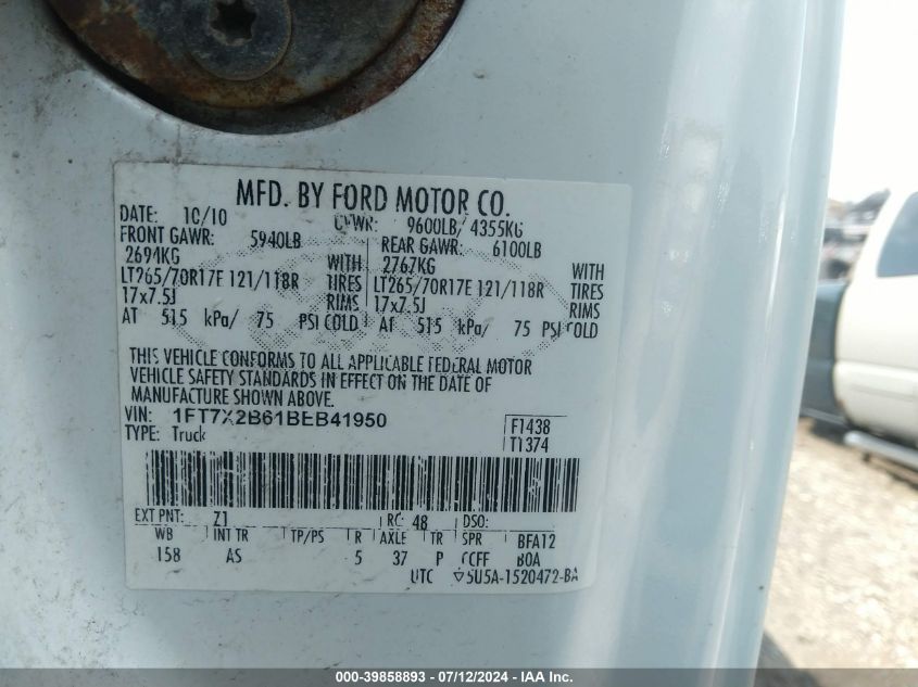 2011 Ford F250 Super Duty VIN: 1FT7X2B61BEB41950 Lot: 39858893