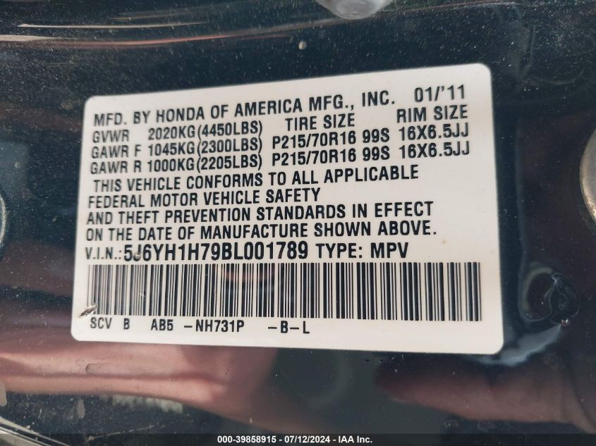 2011 Honda Element Ex VIN: 5J6YH1H79BL001789 Lot: 39858915