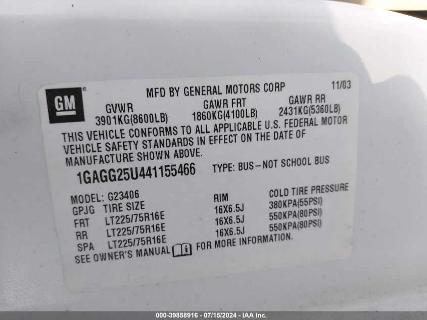 2004 Chevrolet Express VIN: 1GAGG25U441155466 Lot: 39858916