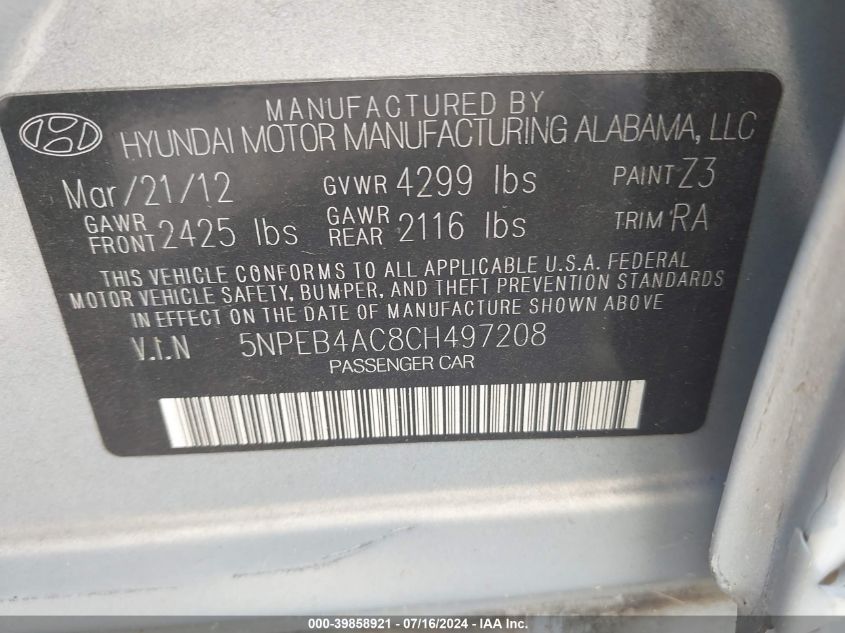 2012 Hyundai Sonata Gls VIN: 5NPEB4AC8CH497208 Lot: 39858921