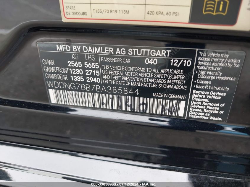 2011 Mercedes-Benz S 550 VIN: WDDNG7BB7BA385844 Lot: 39858930