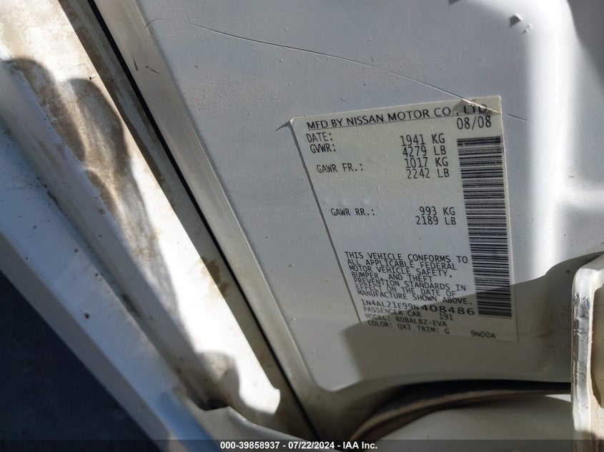 2009 Nissan Altima 2.5 S VIN: 1N4AL21E99N408486 Lot: 39858937