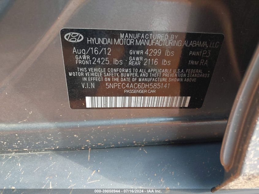 5NPEC4AC6DH585141 | 2013 HYUNDAI SONATA